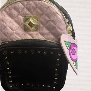 New! BETSEY JOHNSON PNK/BLK Studded Hearts Backpack